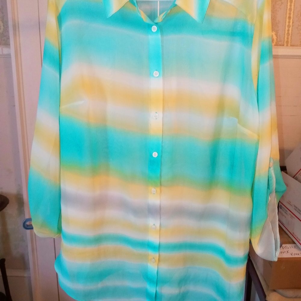 Sheer button down shirt with sleeve detail. Size 2X